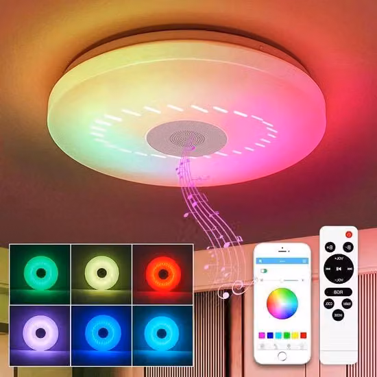 Lampada da soffitto LED RGB con altoparlante Bluetooth, telecomando e funzione dimmable, bianca, ideale per la camera da letto