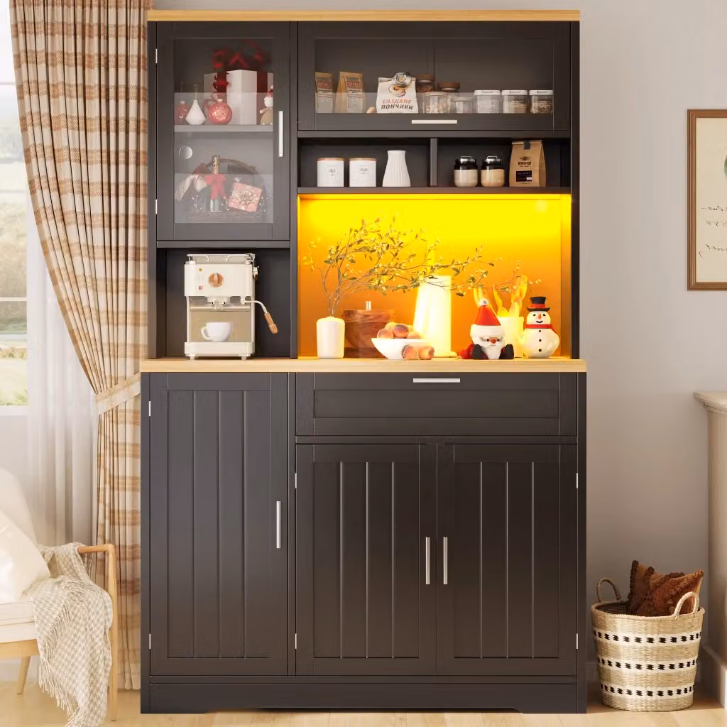 Mobile dispensa moderna con ante in vetro e cassetto in MDF nero, illuminazione LED USB regolabile tramite app, L: 104 cm, P: 40 cm, H: 180 cm – 2