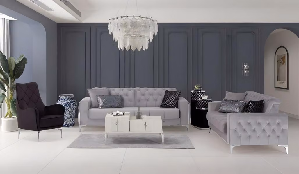 Garnitur Dreisitzer Sessel Stoffsofa Polstersofa Grau Couch Sofa 3tlg