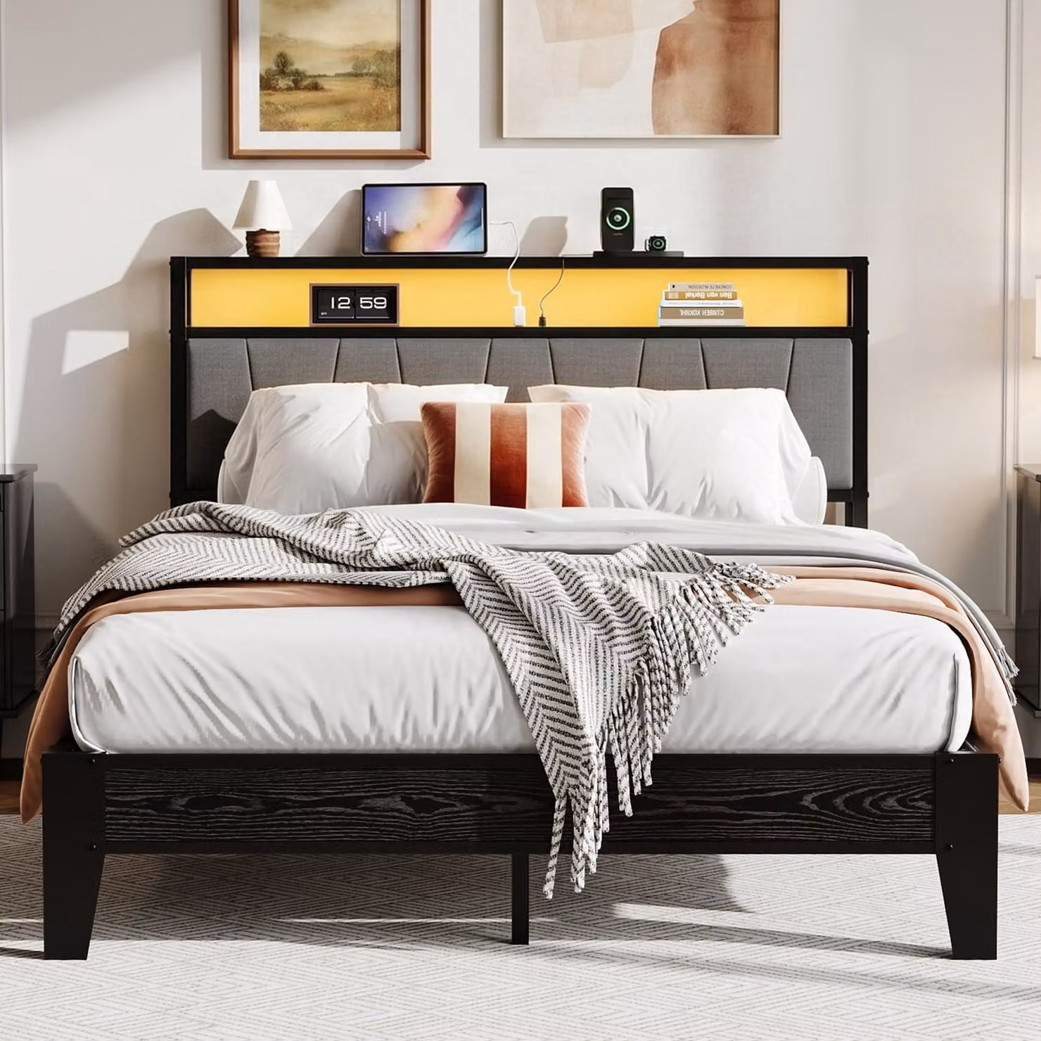 Letto IRONCK 140x200 con illuminazione LED, base di ricarica e testiera imbottita