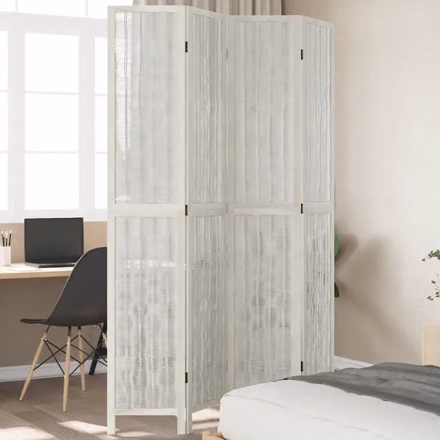 Divisorio Ambienti vidaXL a 4 Pannelli in Legno Massello di Paulownia Bianco con Design Geometrico Minimalista H: 220 cm, L: 145 cm