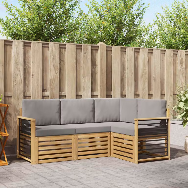 Set di divani da esterno vidaXL a forma di L con cuscini, Bianco e Grigio, in legno di acacia trattato