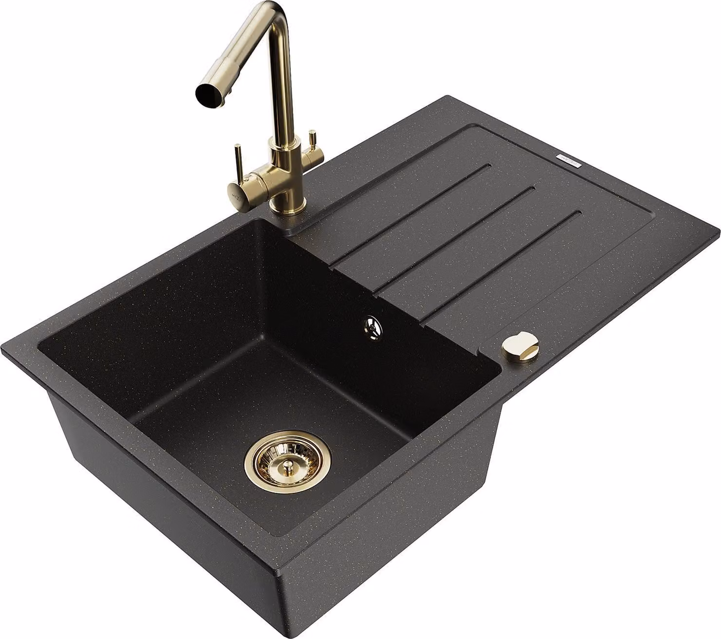 Mexen Bruno lavello in granito 1-vasca con scolapiatti e rubinetto cucina Duero, nero/oro metallico - 6513-75-671600-50