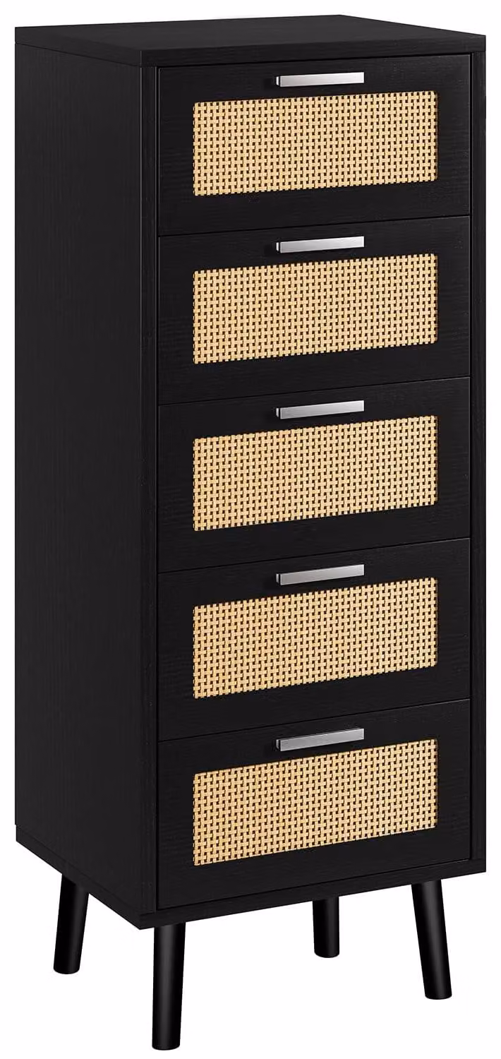 Comodino con 5 cassetti, in rattan e legno, colore nero, ideale per la camera da letto