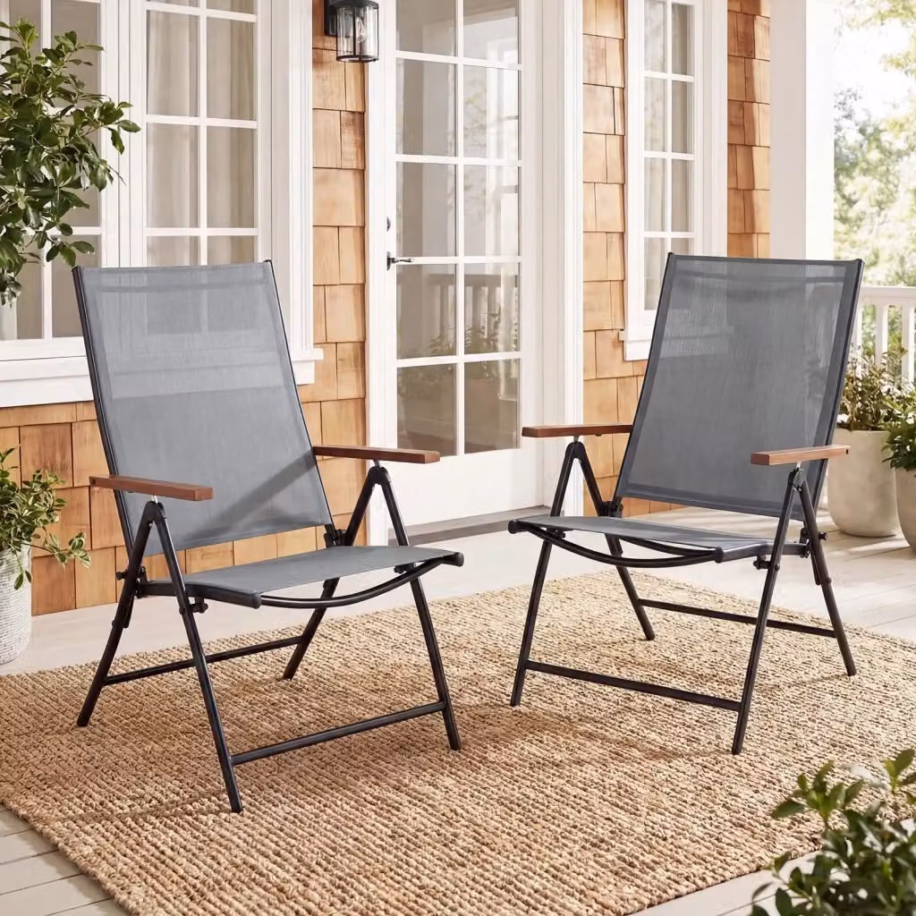 Set di 2 sedie da esterno pieghevoli in tessuto textilene e metallo con braccioli, Grigio – 2