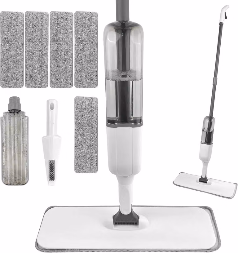 Mocio spray con serbatoio d'acqua, 5 tamponi in microfibra + raschietto