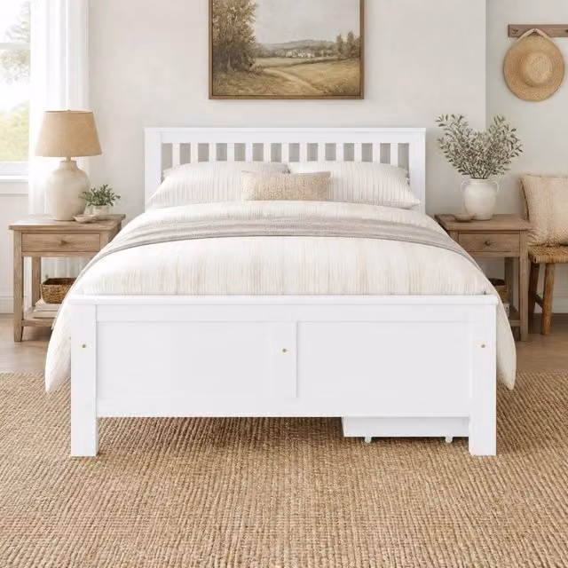 Letto matrimoniale in legno con cassetti per storage, struttura in pino bianco, 140x200 cm