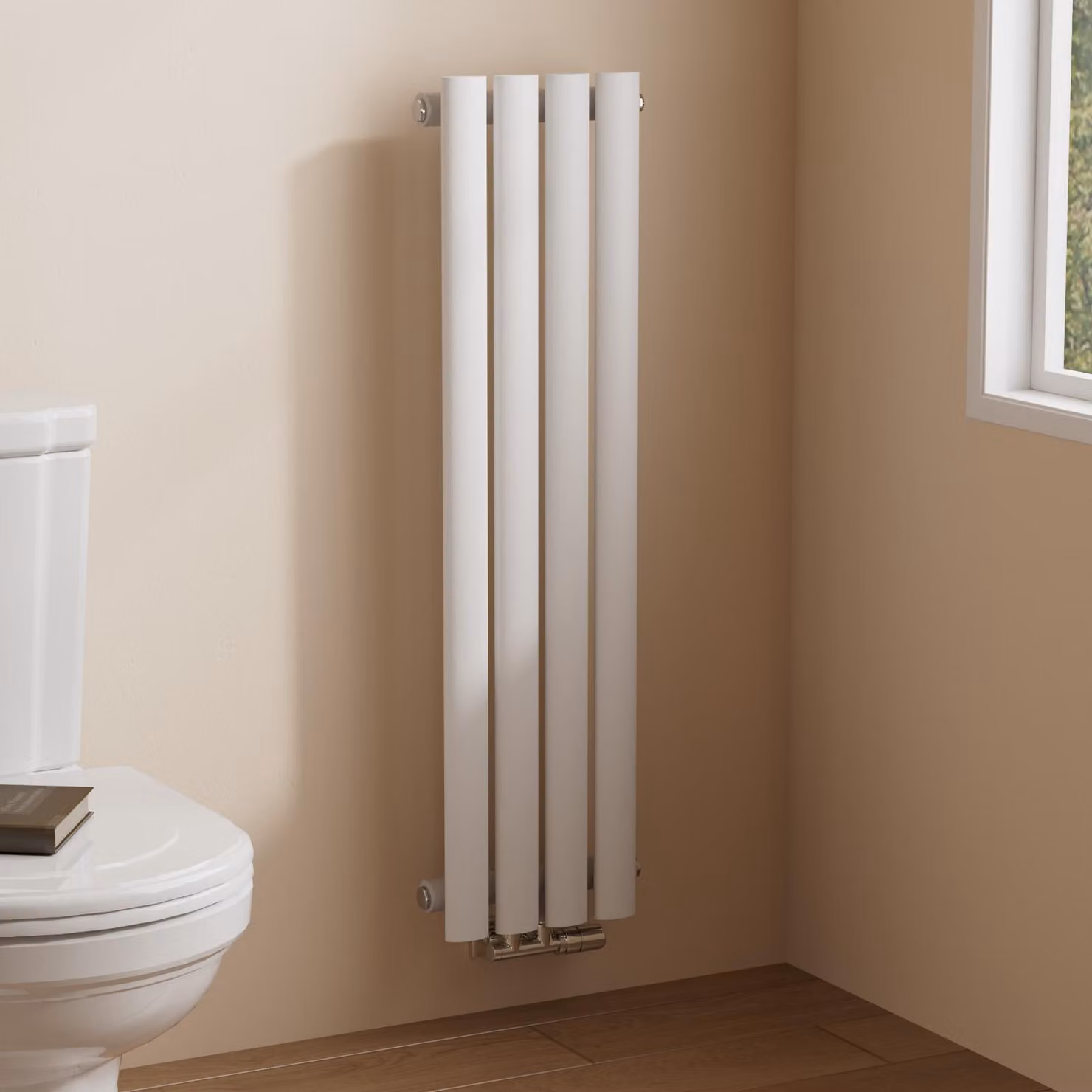 Radiatore tubolare EMKE Design per il funzionamento ad acqua calda Attacco centrale Verticale Ovale Monostrato 266 Watt 24cm x 90cm Bianco senza elemento riscaldante