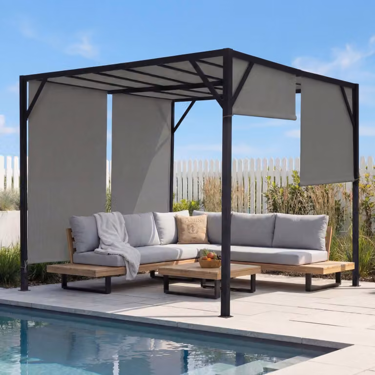 Pergola Baia, tetto a padiglione da giardino, robusta struttura in acciaio da 6 cm + tetto scorrevole grigio ~ 3x3m