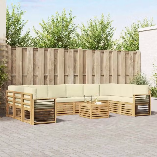 Set di divani da esterno vidaXL a forma di U composto da 11 pezzi in legno di acacia con cuscini bianchi e beige in poliestere resistente ai raggi UV – 1