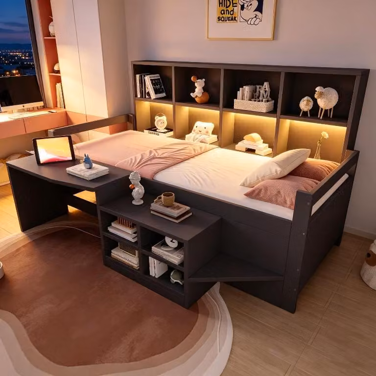 Letto per bambini 90x200 cm con scrivania, spazio contenitivo, porta USB e striscia LED, letto per ragazzi in legno color grigio, ideale per la camera da letto