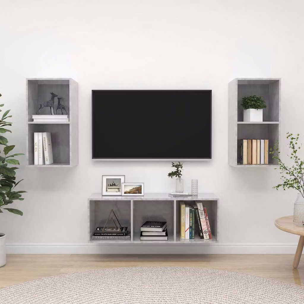 Set di mobili TV minimalist vidaXL in legno e MDF, 3 pezzi, colore grigio, da appendere alla parete per il tuo soggiorno