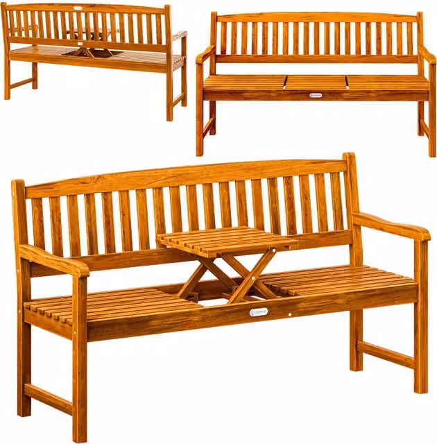 Panca da giardino Casaria in legno di eucalipto oliato marrone con braccioli, certificata FSC, L: 153 cm, P: 57 cm, H: 90 cm