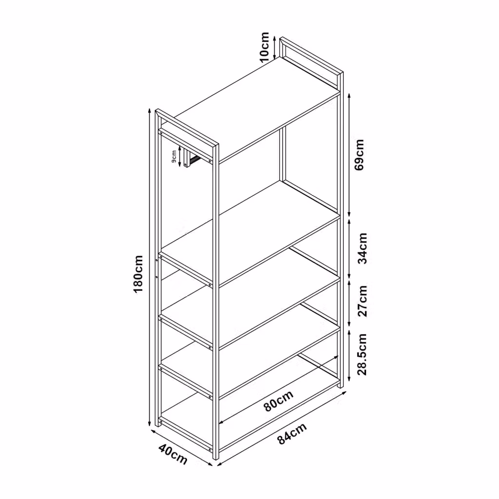 Appendiabiti guardaroba aperto con 4 ripiani in stile industriale, effetto noce e nero, L: 84 cm, H: 180 cm, P: 40 cm – 2
