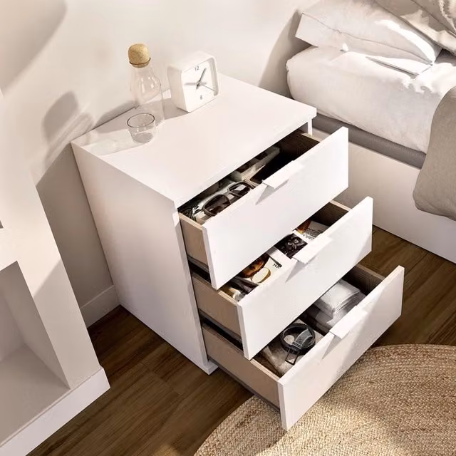 Comodino DMORA Sturgis con un ripiano e cassetto soft close, Bianco, L 34 cm x P 42 cm x H 57 cm