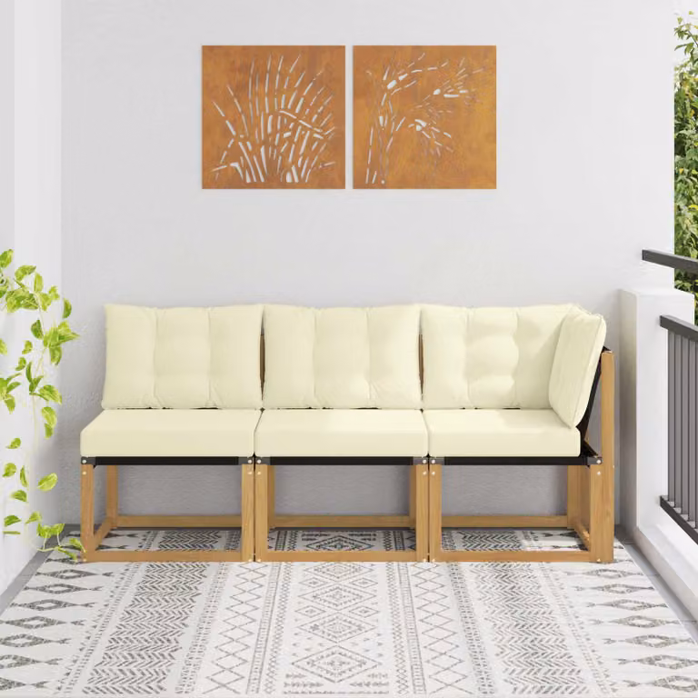 Set di divano modulare da esterno e angolare vidaXL in legno di acacia con cuscini in tessuto beige e bianco