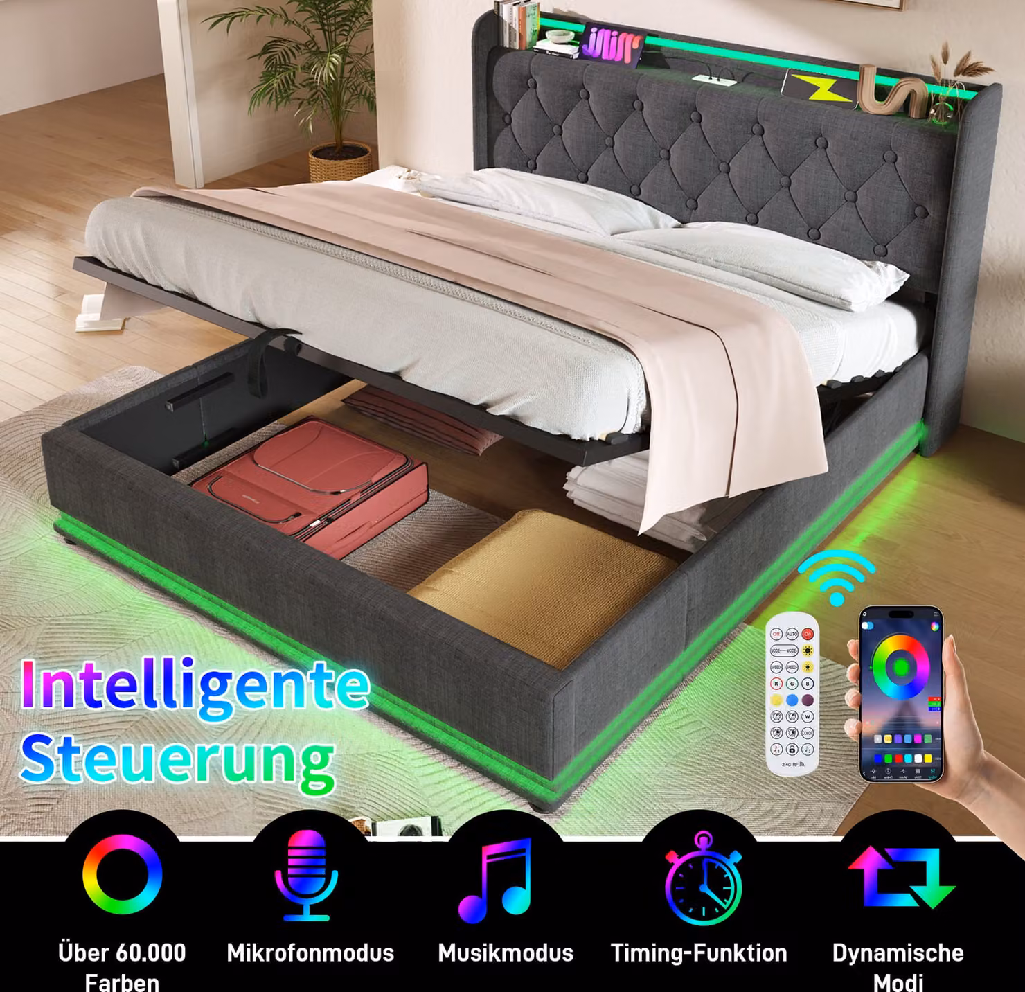 Letto imbottito STILVORA 160×200 cm con contenitore e funzione LED a 360° (pulsante/app/telecomando), letto per ragazzi con testiera imbottita e funzione di ricarica USB Type-C, grigio (senza materasso)