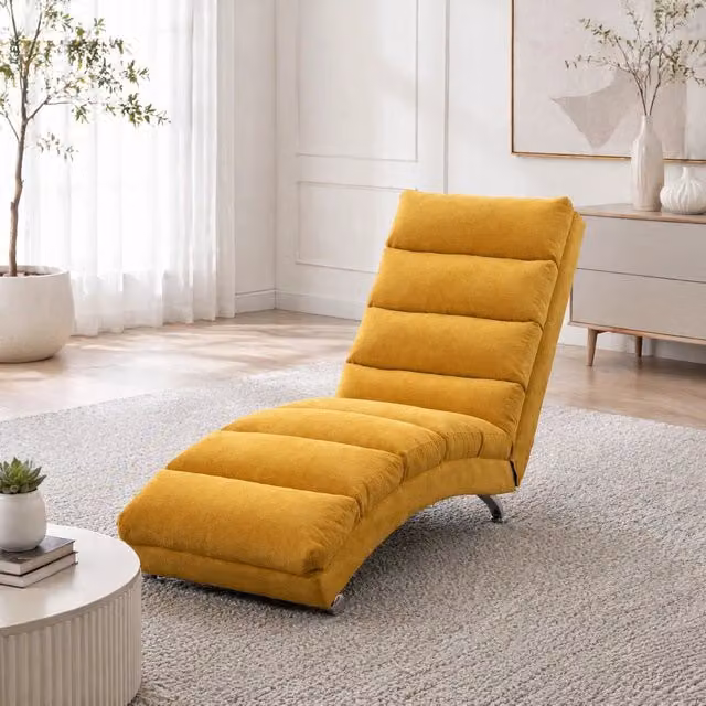 Poltrona relax fissa in lino color mango con supporto totale, vibrazione delicata e tasche laterali, 55x148x84 cm