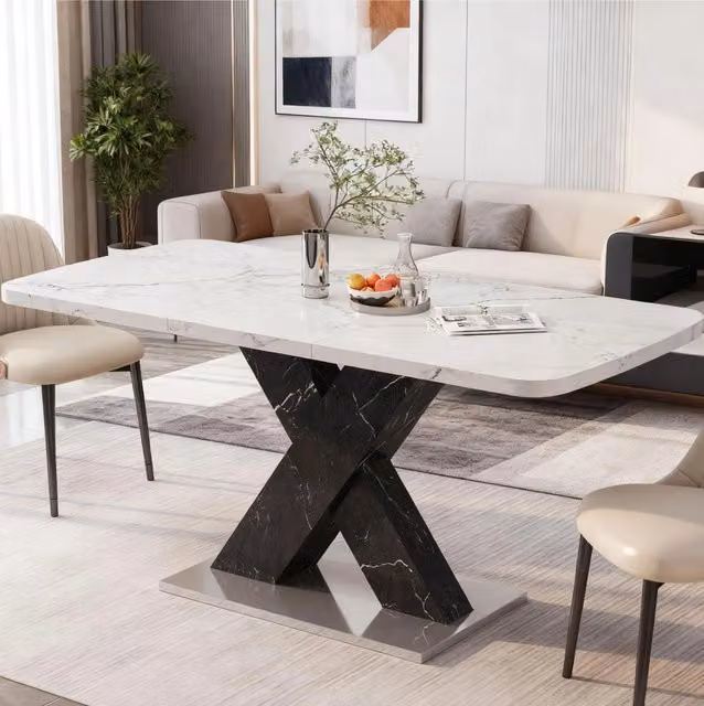 Tavolo da pranzo rettangolare allungabile 120-160 cm con piano in MDF effetto marmo bianco e gambe a X nere in MDF con base metallica