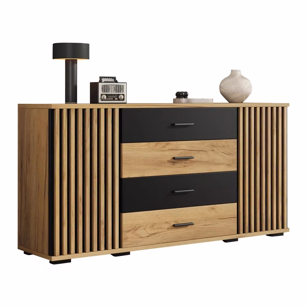 Credenza moderna per soggiorno e sala da pranzo con 4 cassetti e 2 ante in MDF, colore nero e rovere, L/P/H: 140 x 35 x 70 cm – 2