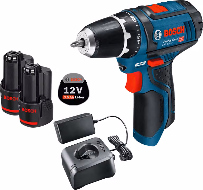 Trapano a batteria Bosch GSR 12V-15 / 2x batteria 3,0 Ah + caricabatterie