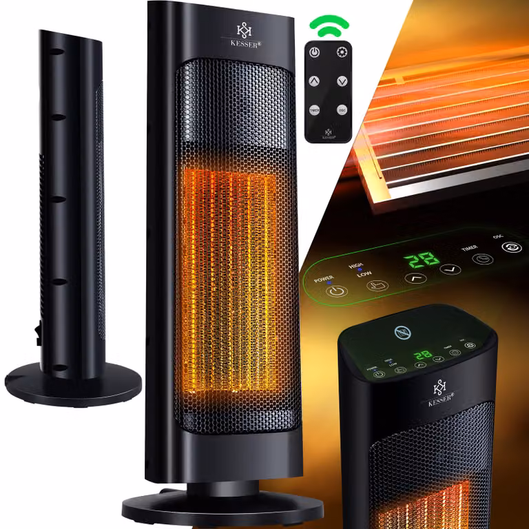 Riscaldatore KESSER® con telecomando, a basso consumo energetico, silenzioso, 2000W, riscaldatore ceramico, riscaldatore da pavimento, con termostato regolabile da 15 a 30°C. Riscaldatore rapido con funzione di oscillazione a 80°, timer da 24 ore. Riscald
