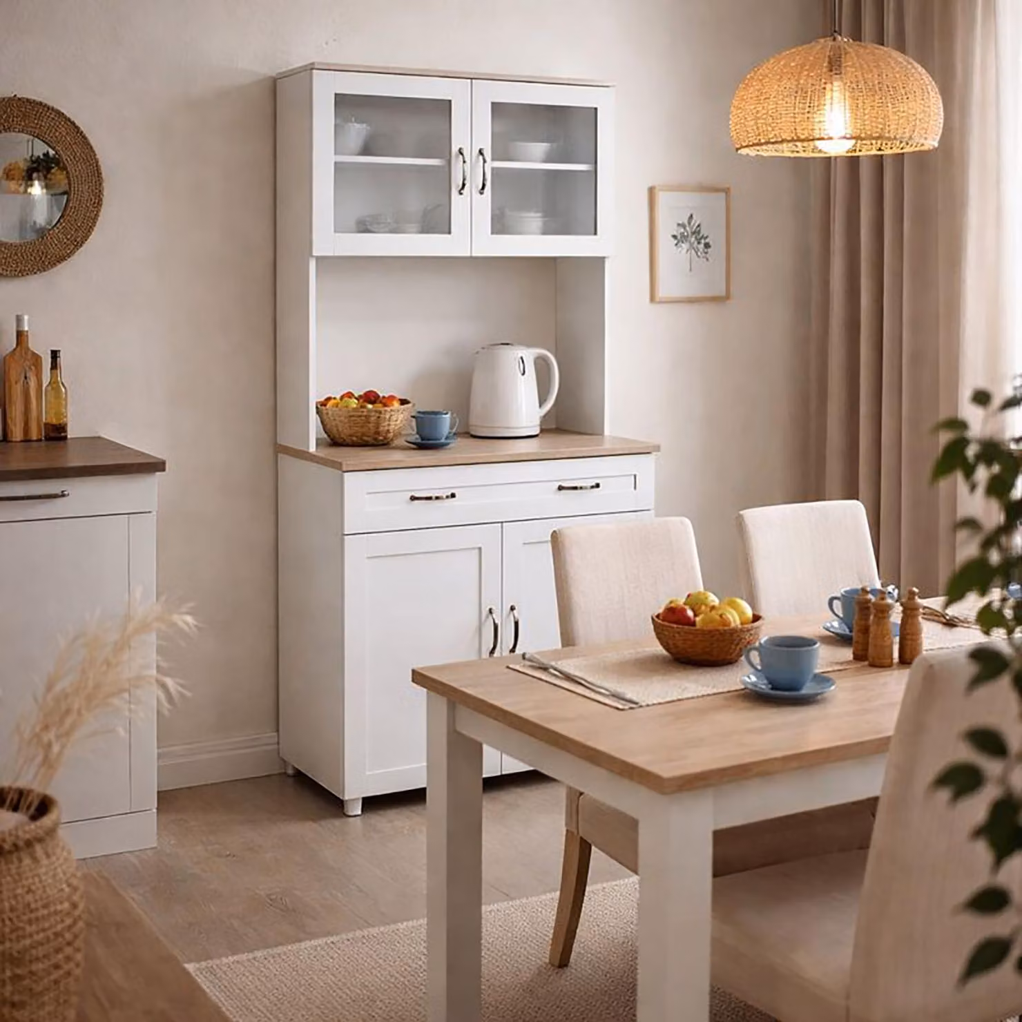 Buffet da cucina con elemento in vetro, colore bianco, modello Blanca di