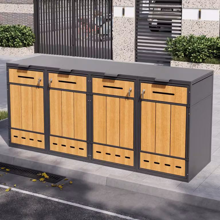 Contenitore per bidoni Moonbite, capacità 4 tonnellate, armadietto per rifiuti in acciaio laminato a freddo, con frontale effetto legno, coperchio ribaltabile, porta frontale chiudibile a chiave, ventilato, per la raccolta differenziata, in acciaio, color