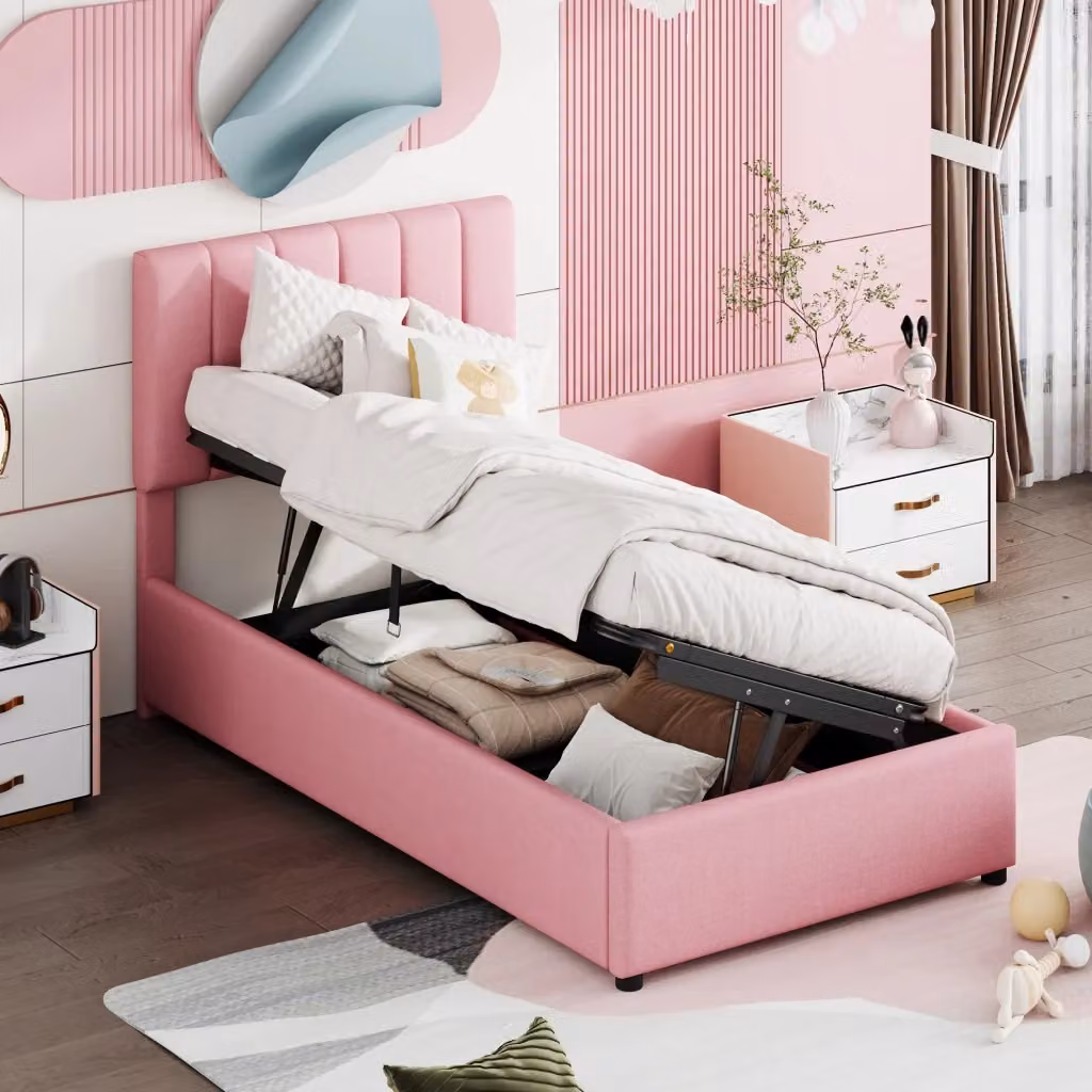 Letto Singolo Contenitore con Testiera Regolabile Imbottita e Base a Sollevamento, Rosa a Righe, L/P/H: 90 x 200 x 105 cm – 2
