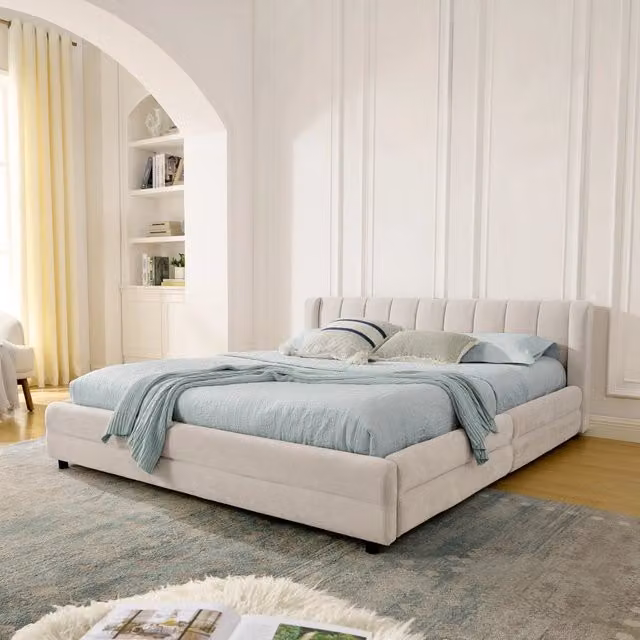 Letto matrimoniale 140x200 cm con 4 cassetti e porta USB in chenille beige