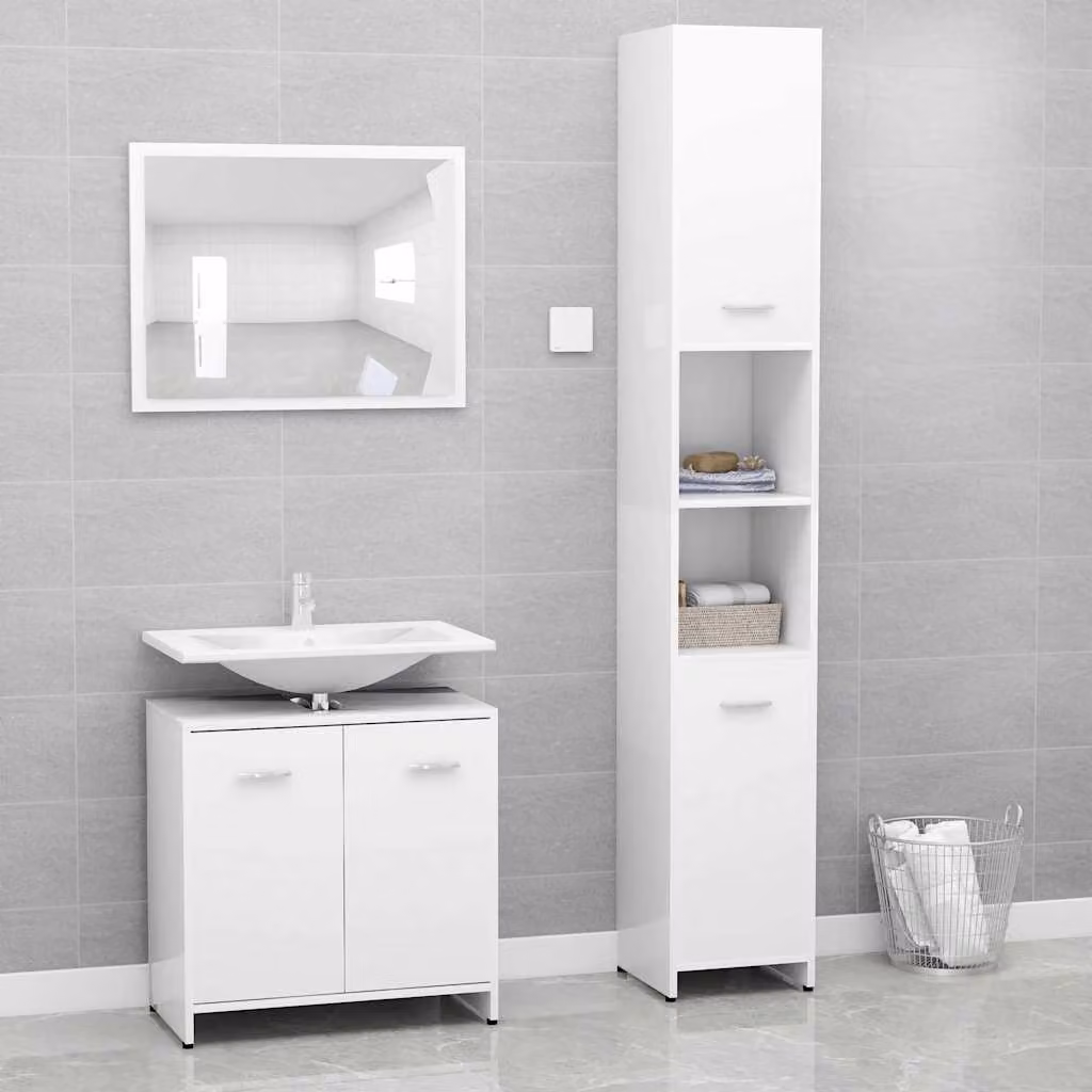Set di mobili da bagno moderno vidaXL in 3 pezzi bianco lucido in MDF con armadietto alto, mobile lavabo e specchiera