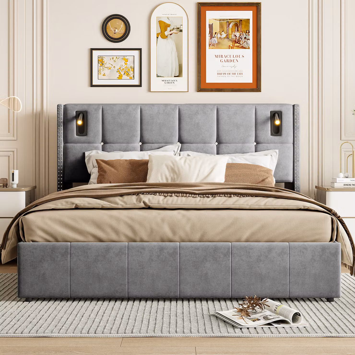 Letto imbottito Fortuna Lai 140x200 cm con contenitore, rete a doghe e luce di lettura, idraulico, letto in legno, grigio