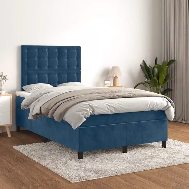Letto con Giroletto a Molle e Materasso Ibrido vidaXL in Velluto Blu e Bianco L/P: 120 x 200 cm – 1