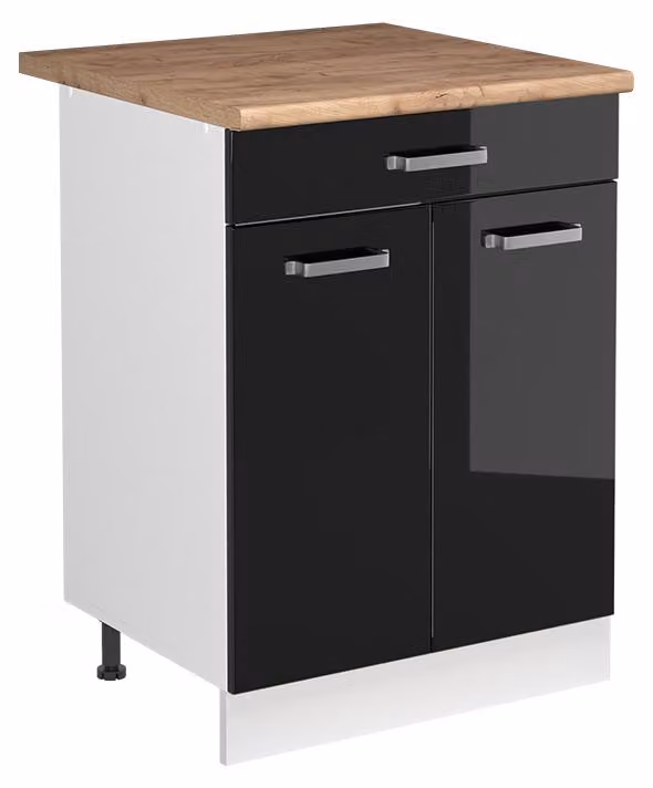 Mobile lavello cucina Vicco R-Line Nero lucido/Bianco 60 cm piano di lavoro Rovere dorato, Model 73025