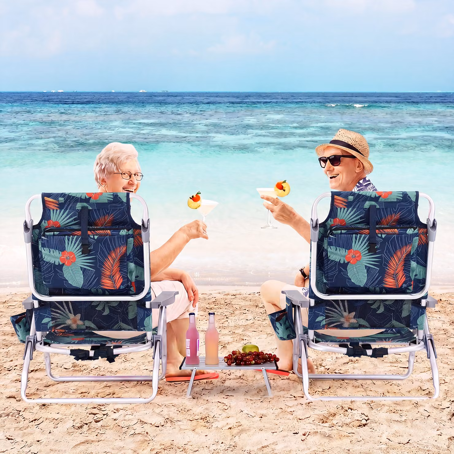 Set di sedie da spiaggia reclinabili e tavolino da campeggio a scomparsa Costway, multicolore con motivo floreale e marittimo