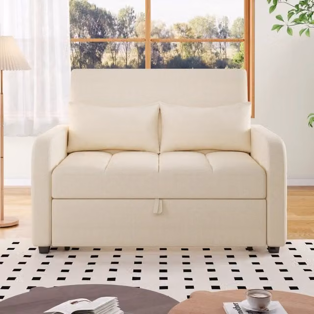 Divano letto pieghevole con schienale regolabile a 3 posizioni e 2 cuscini in tessuto lino cotone beige 127 × 180 cm