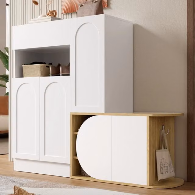 Scarpiera, mobile da ingresso, con seduta, cassetti, ripiani aperti, 130 x 35 x 110,5 cm, bianco e color legno naturale