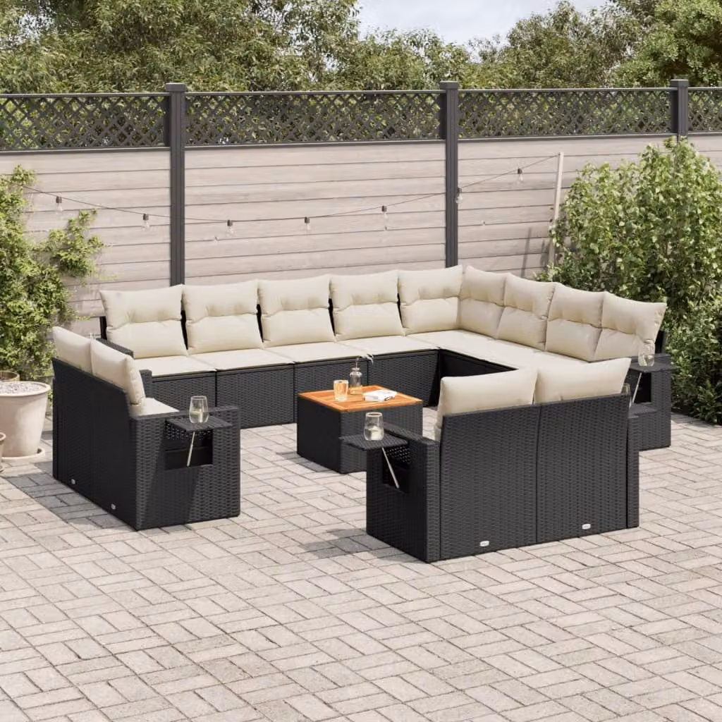 vidaXL Set Divani da Giardino a L in Polyrattan con Cuscini e Tavolino da Esterno Nero e Bianco – 1