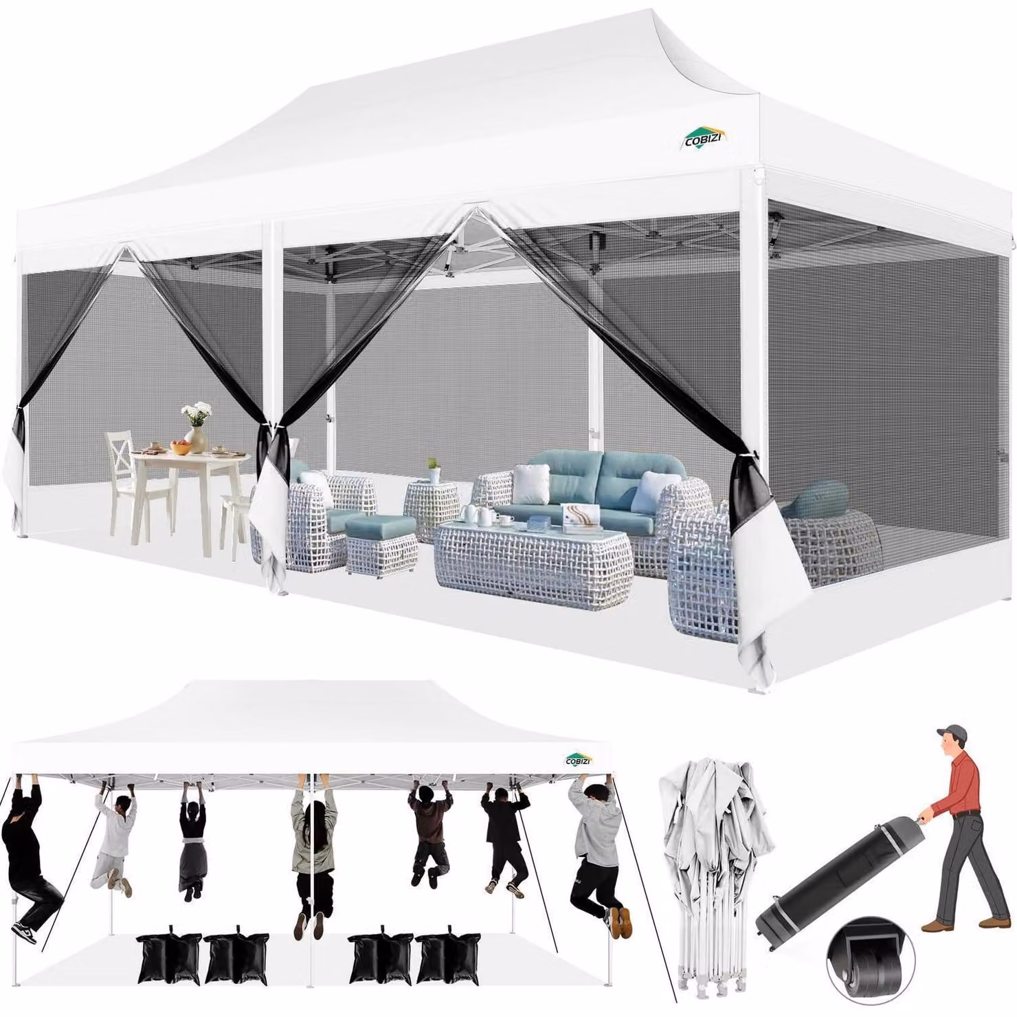 Tenda da giardino 3x6 metri, impermeabile, con protezione UV e 6 pareti laterali in rete, colore bianco