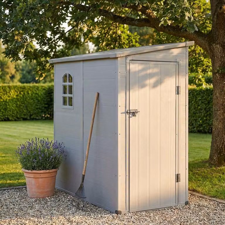 Milani Home - casetta porta attrezzi da giardino in resina, effetto legno, 111 x 191 x 194 cm