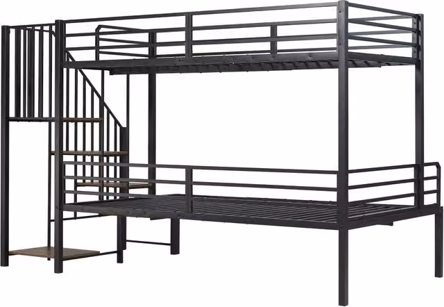 Letto a Castello in Ferro con Scala Angolare e Spazio Contenitore, 90x200cm & 120x200cm, Nero e Legno Vintage