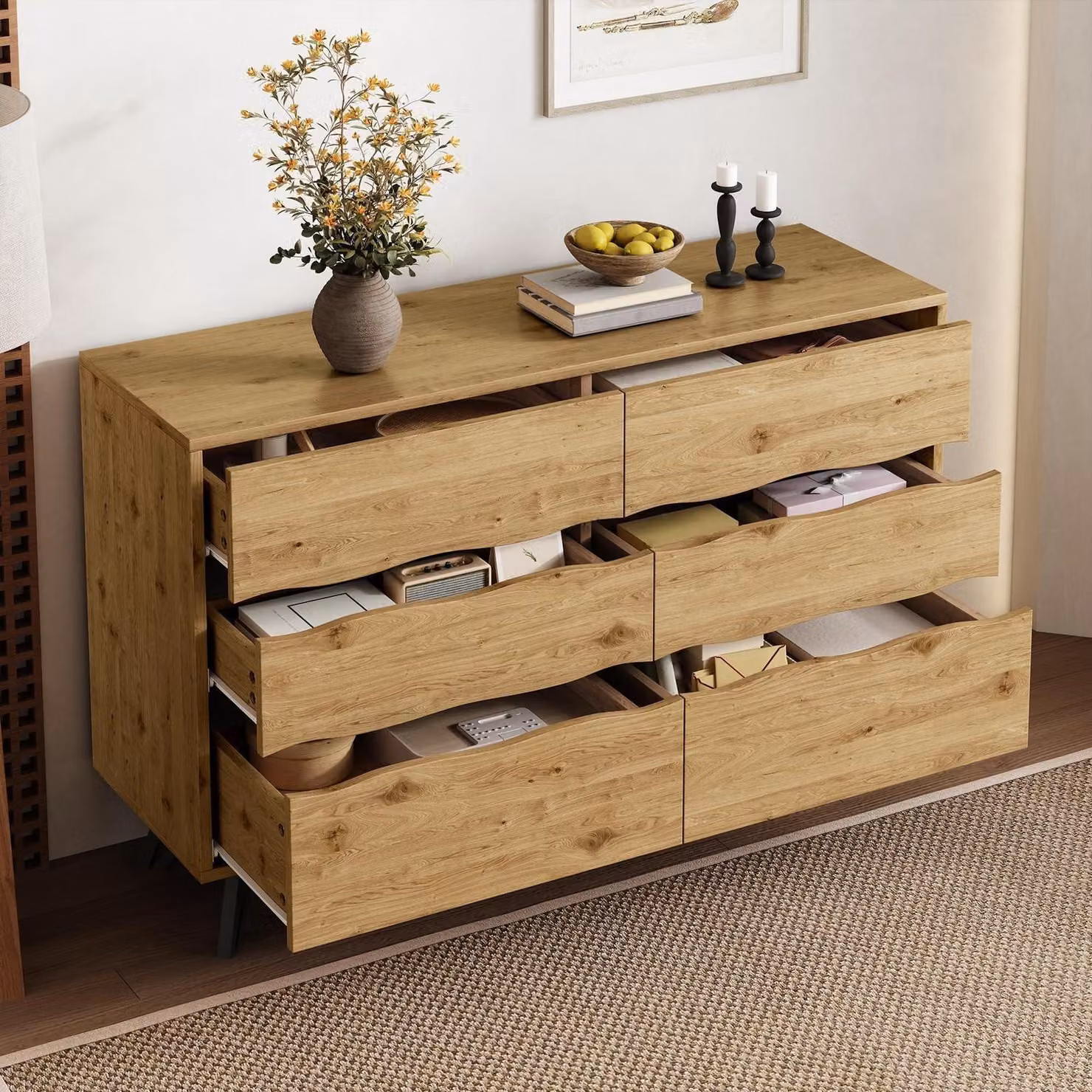 Comodino con 6 cassetti, 120 cm, aspetto legno, con gambe in metallo