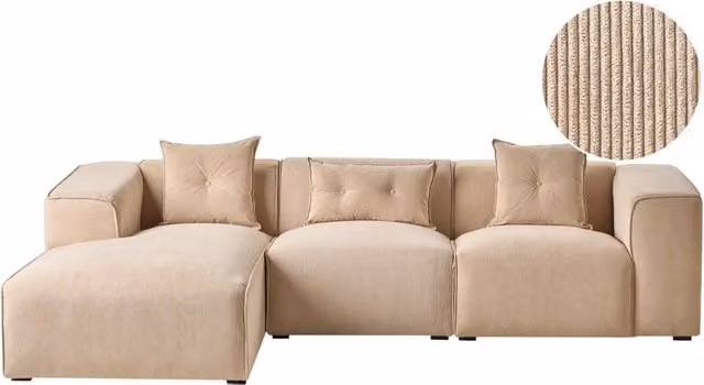 Divano Angolare Beliani in Velluto Beige con Cuscini Extra, Modello Moderno a 3 Posti con Versione Sinistra, L/P/H: 294 x 170 x 72 cm