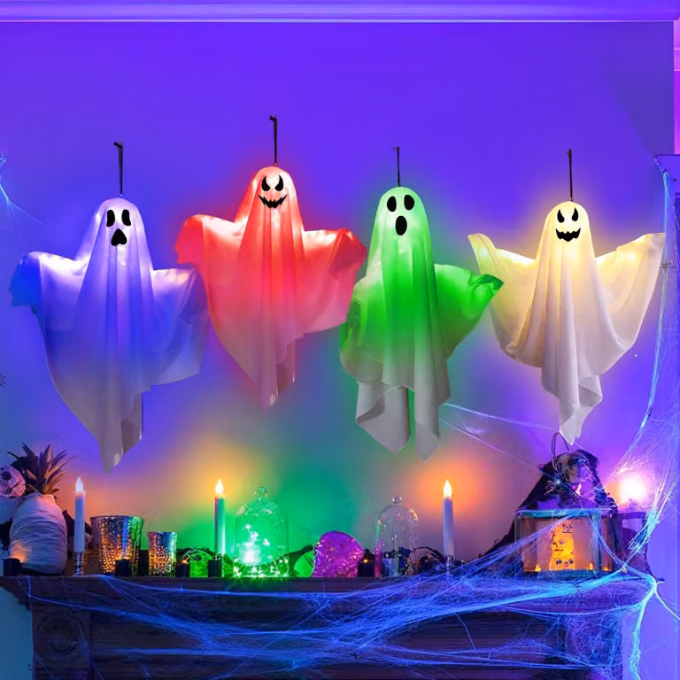 4 decorazioni a forma di fantasmi LED sospesi, 50 cm, decorazioni per Halloween