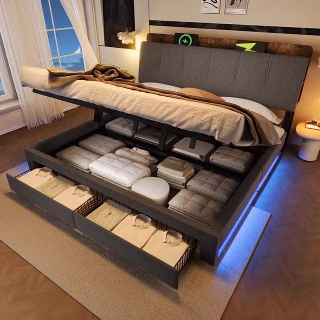 Letto Imbottito Contenitore con LED ¨C Xylo ¨C Grigio, Tessuto, 180x200, Idraulico, USB
