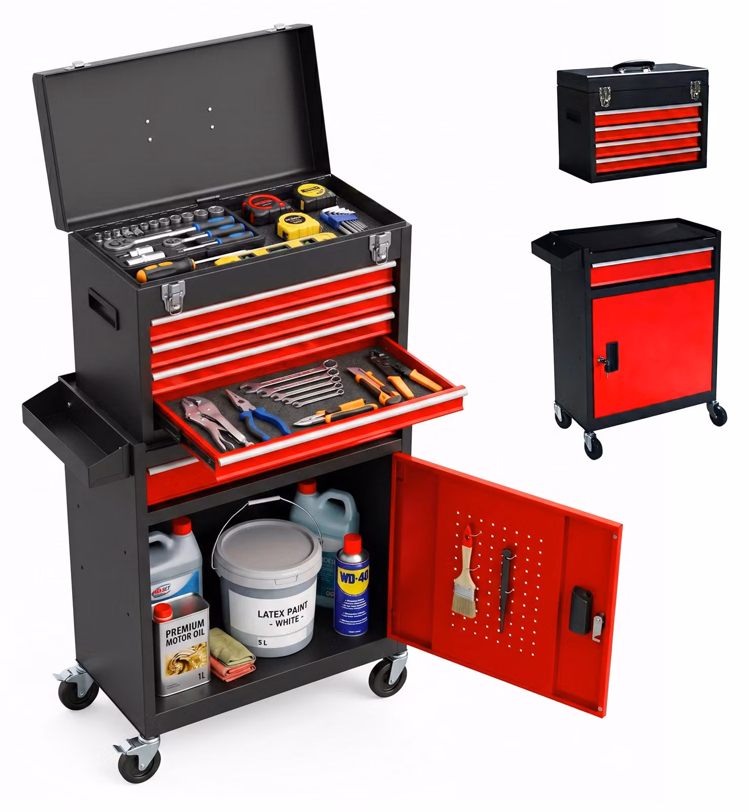 Carrello da officina Relaxdays, 5 cassetti e contenitore aggiuntivo, con serratura, L x P x A: 104 x 59,5 x 28 cm, carrello su ruote, acciaio, nero-rosso