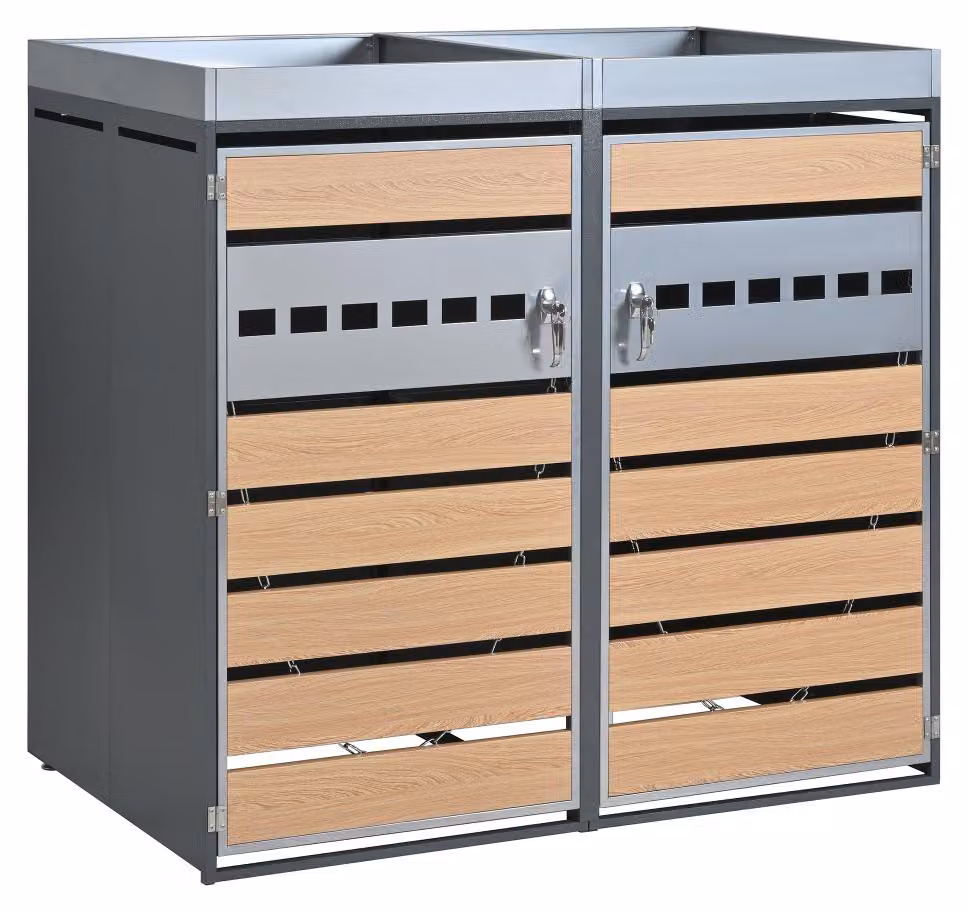 Contenitore per rifiuti con fioriera integrata - Grigio, legno e acciaio - Peso: 21,4 kg