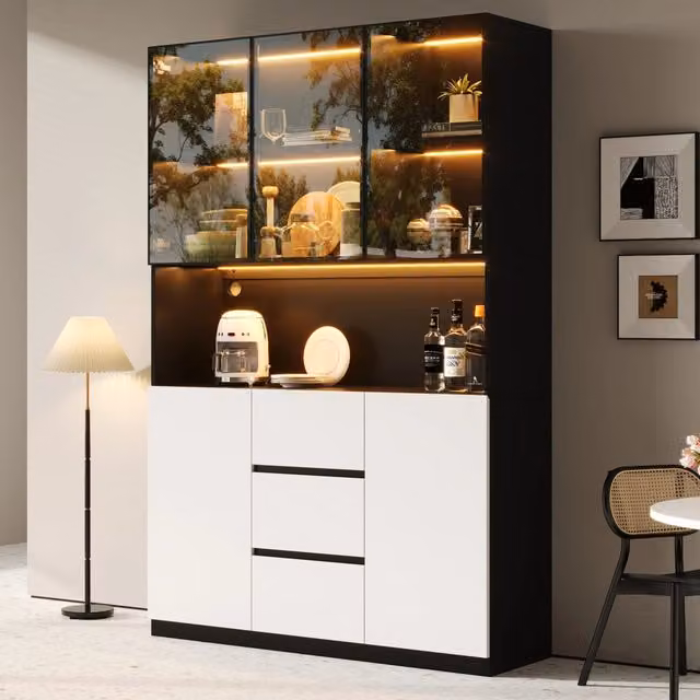 Vetrina in vetro con LED multicolore; 3 cassetti e 2 ante; 120 x 40 x 200 cm; MDF nero