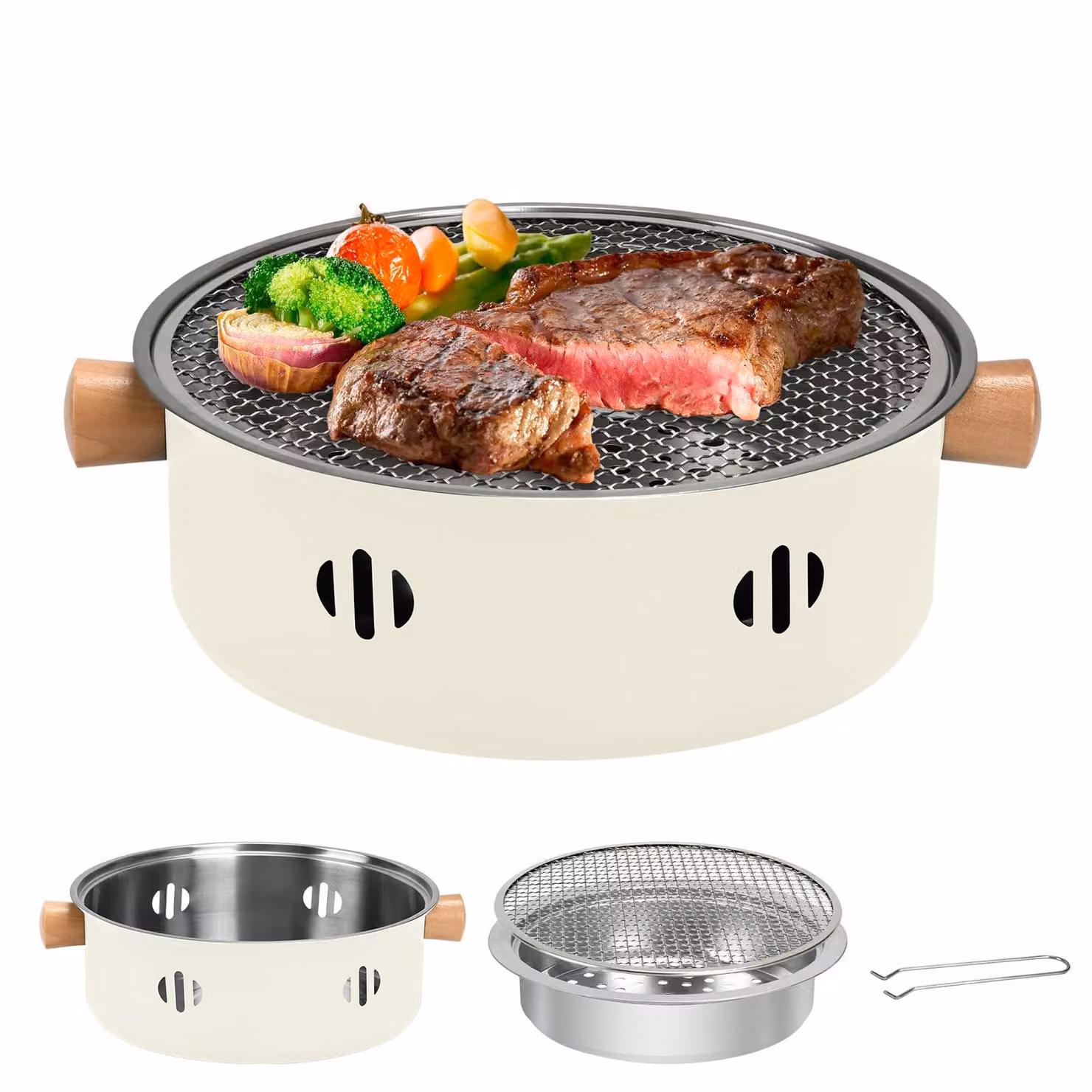 Griglia portatile a carbone, mini barbecue per cucinare sia all'interno che all'esterno, color beige