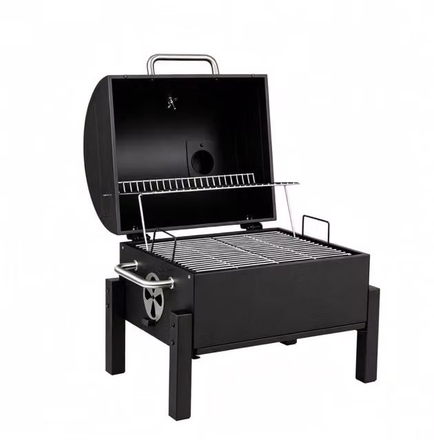 Barbecue a carbonella portatile da tavolo in acciaio smaltato nero con coperchio, 2 griglie, vassoio regolabile e termometro per campeggio